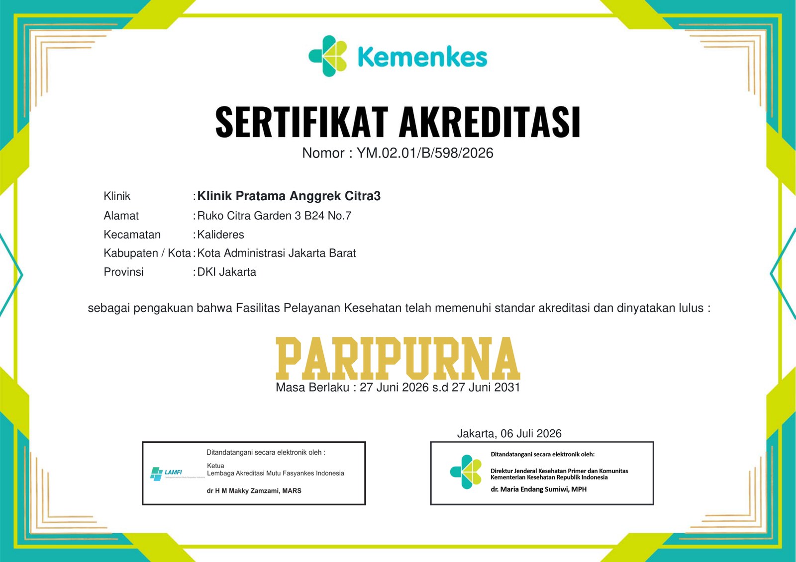Klinik Pratama Anggrek Citra 3 Raih Akreditasi PARIPURNA