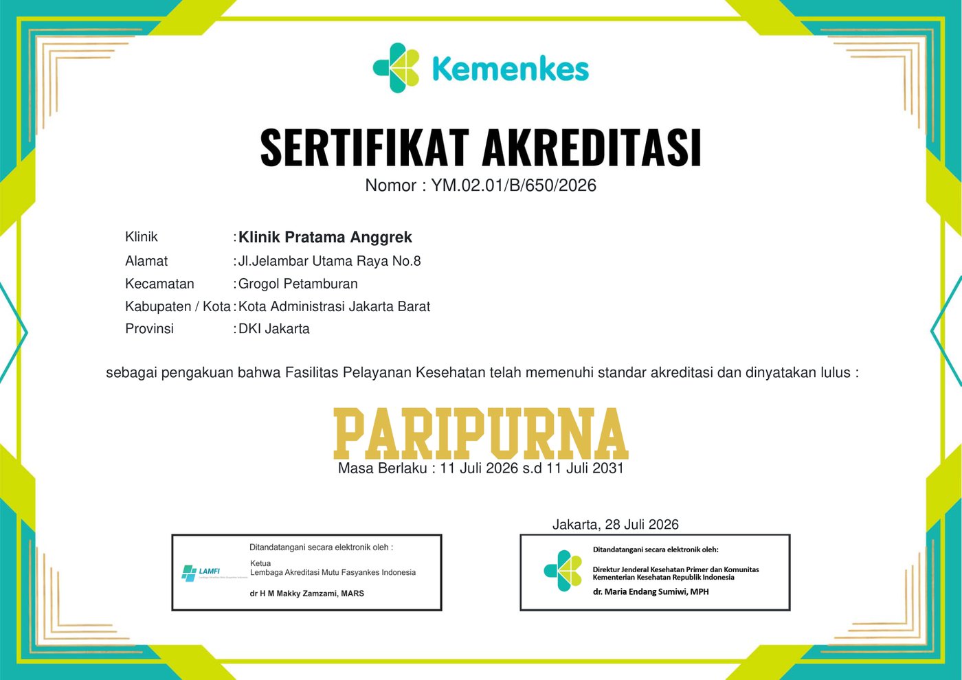 Klinik Pratama Anggrek Jelambar Raih Akreditasi PARIPURNA
